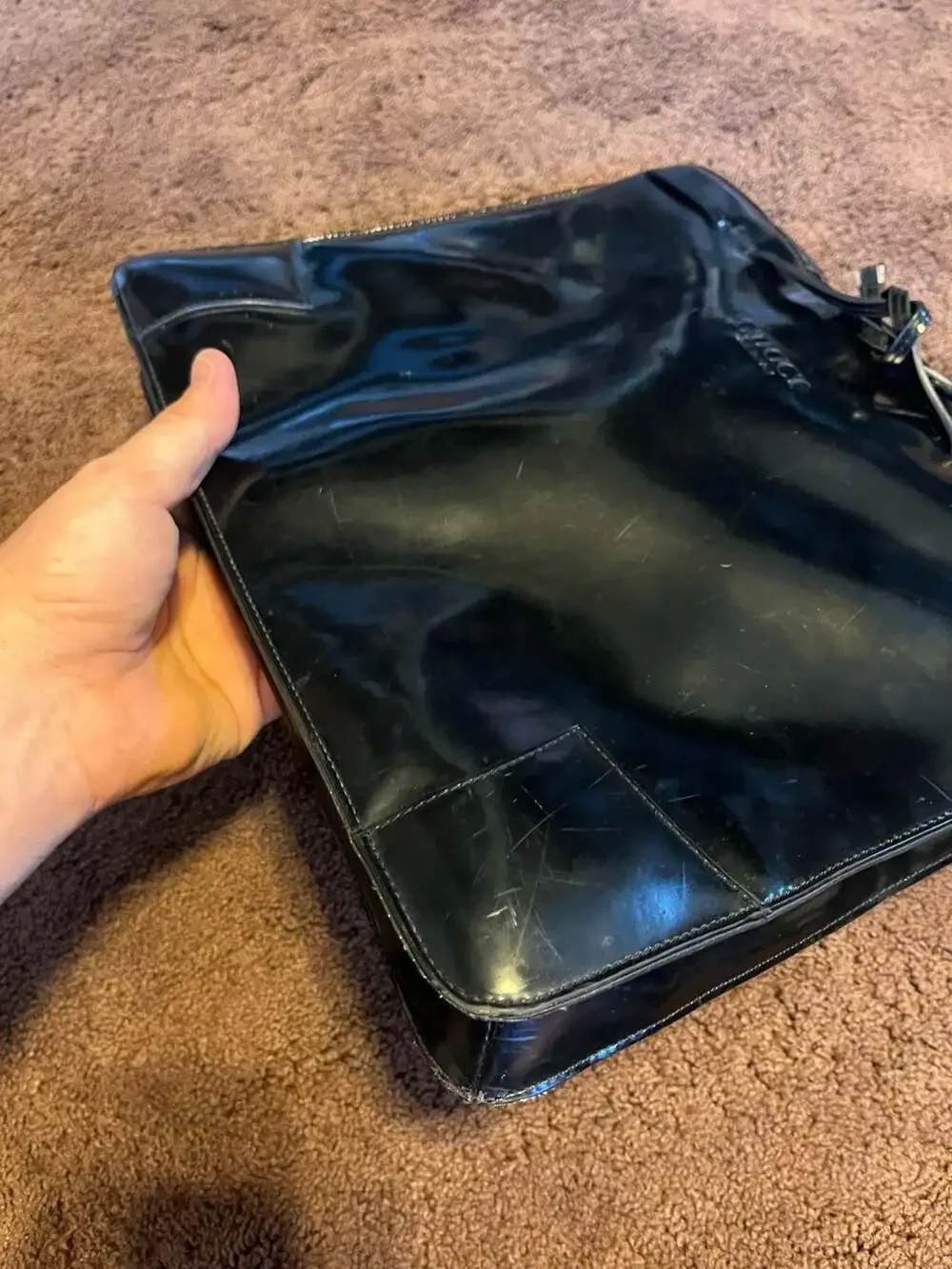 GUCCI Vintage Black Patent Leather Tote Bag with Drawstring and Front Logo